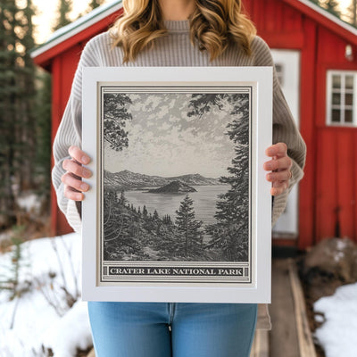 Crater Lake Park Lithograph Style Print - Vintage Oregon archival matte fine art print. Cascade Mountains Mount Mazama Wizard Island Gift.