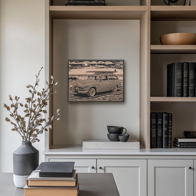 Vintage Beach Station Wagon with Surfboard Engraved Illustration