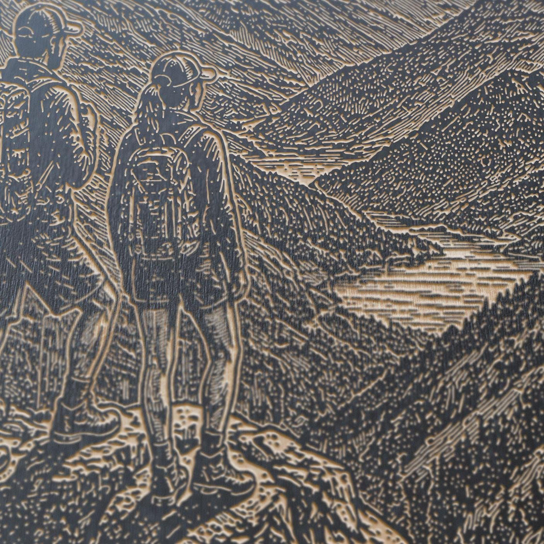 Mountain Vista and Hikers Adventure Engraved Illustration