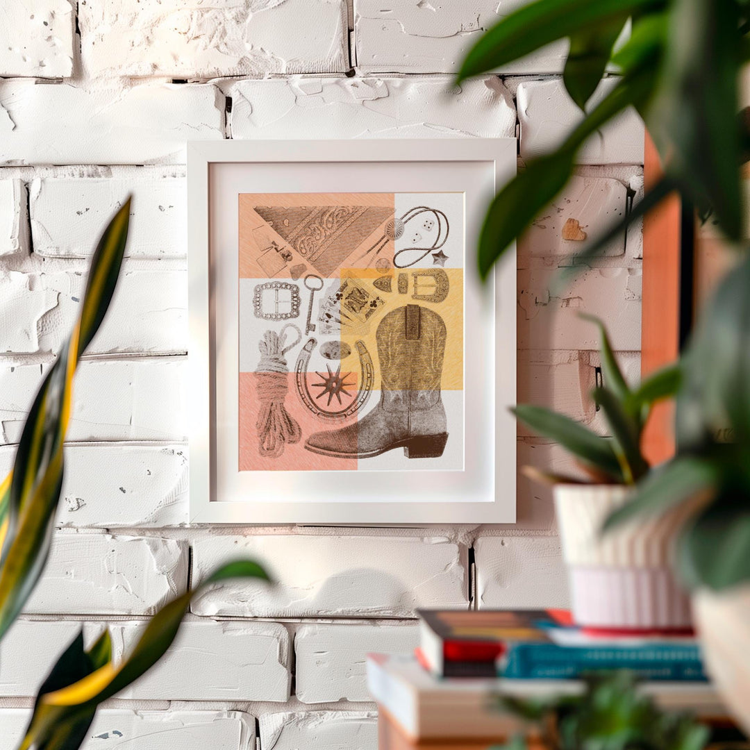 Western Flatlay Wall Art Print - Vintage poster design, archival quality matte fine art print. Risograph print, Western Cowboy gift.