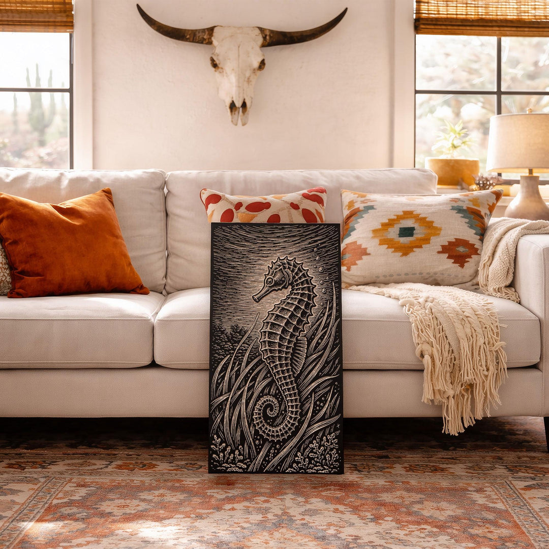 Seahorse Amid Sea Grasses Engraved Birch Art Panel