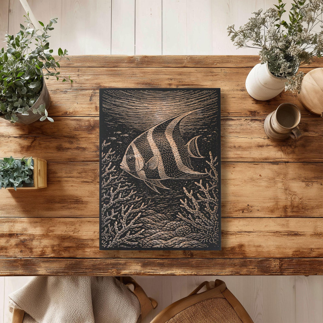 Angelfish Swimming Through Coral Reef Engraved Birch Art Panel