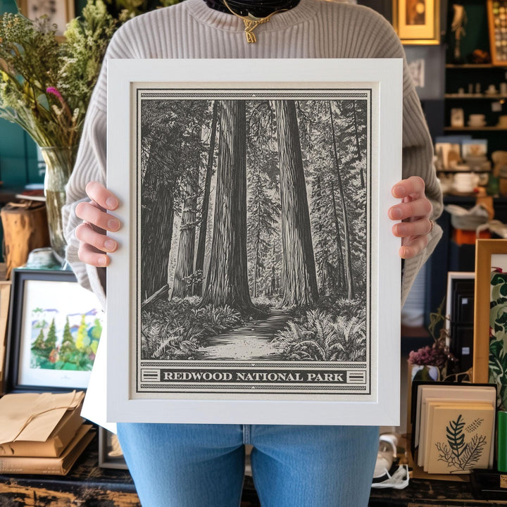 Redwood National Park Lithograph Style Print - Vintage California archival matte fine art print. Jedediah Smith Prairie Creek Redwoods Gift