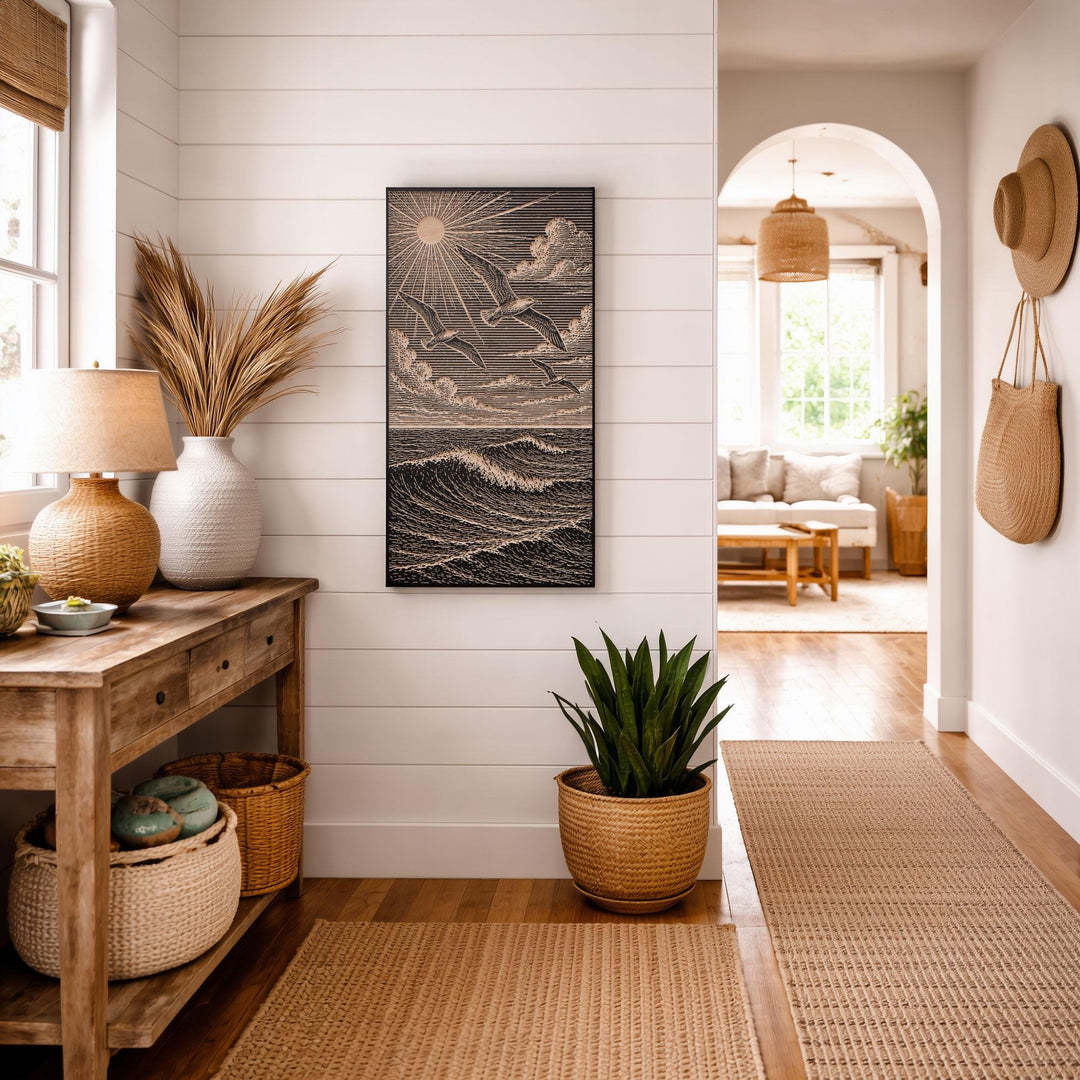 Seagulls Over a Dramatic Seascape Engraved Birch Art Panel