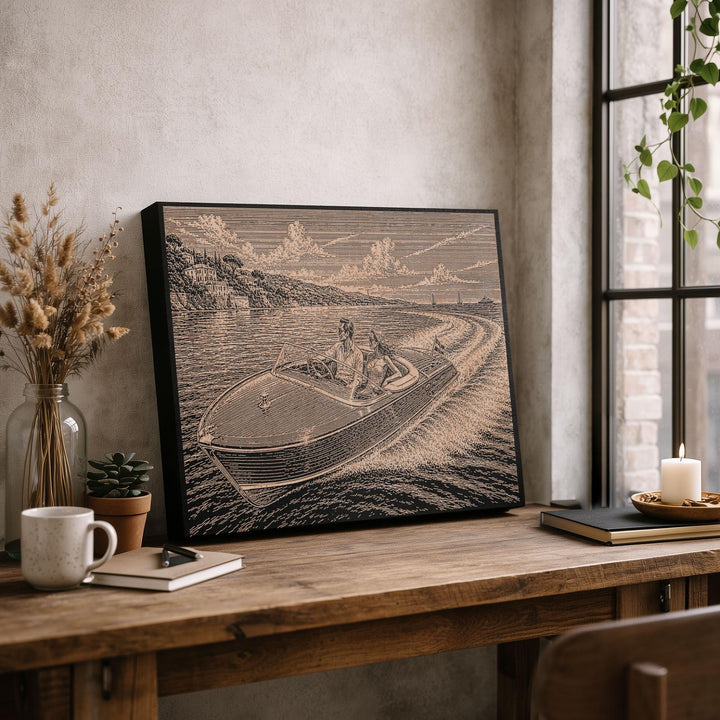 Classic Riviera Speed Boat Engraved Illustration