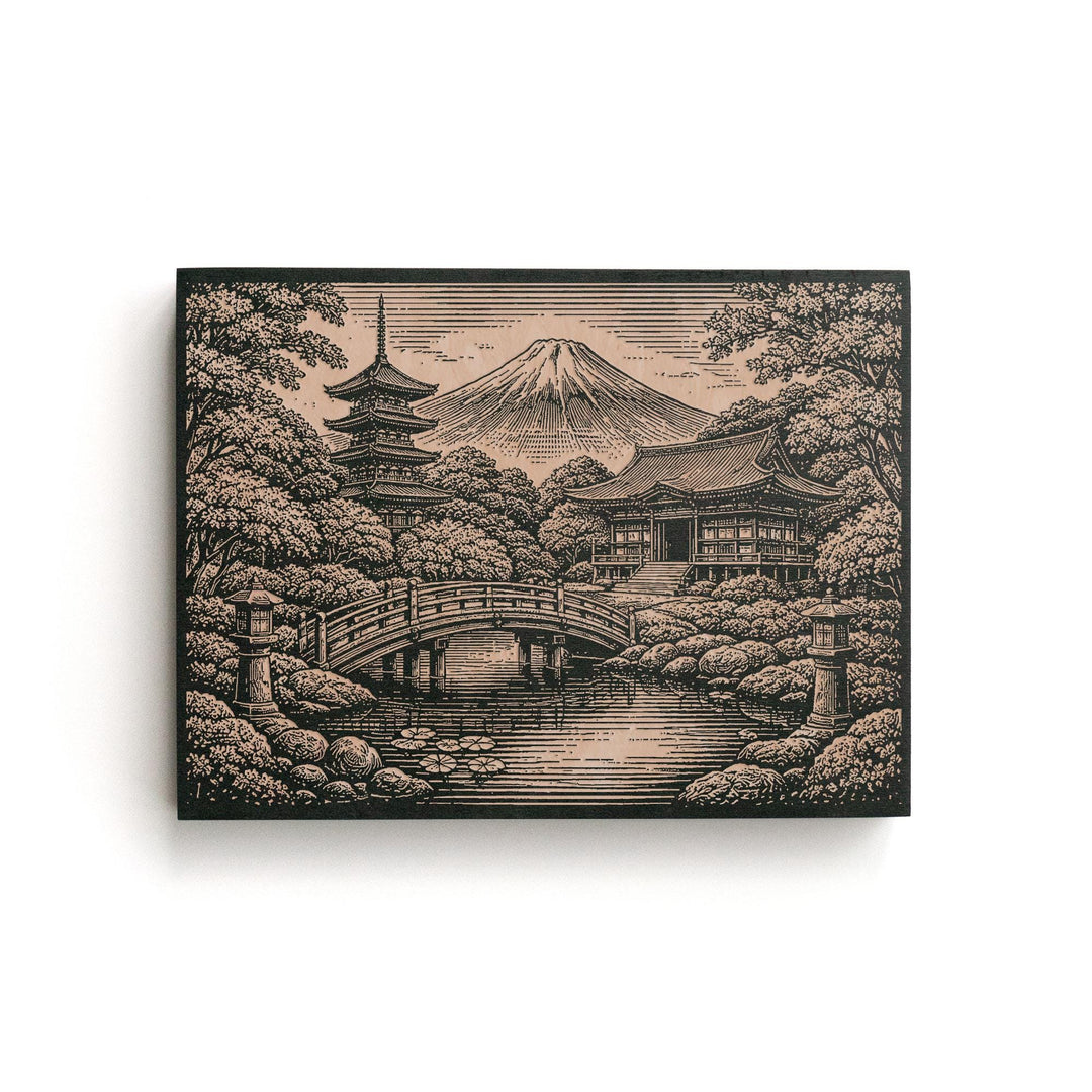 Mount Fuji Japanese Temple Engraved Birch Art Panel