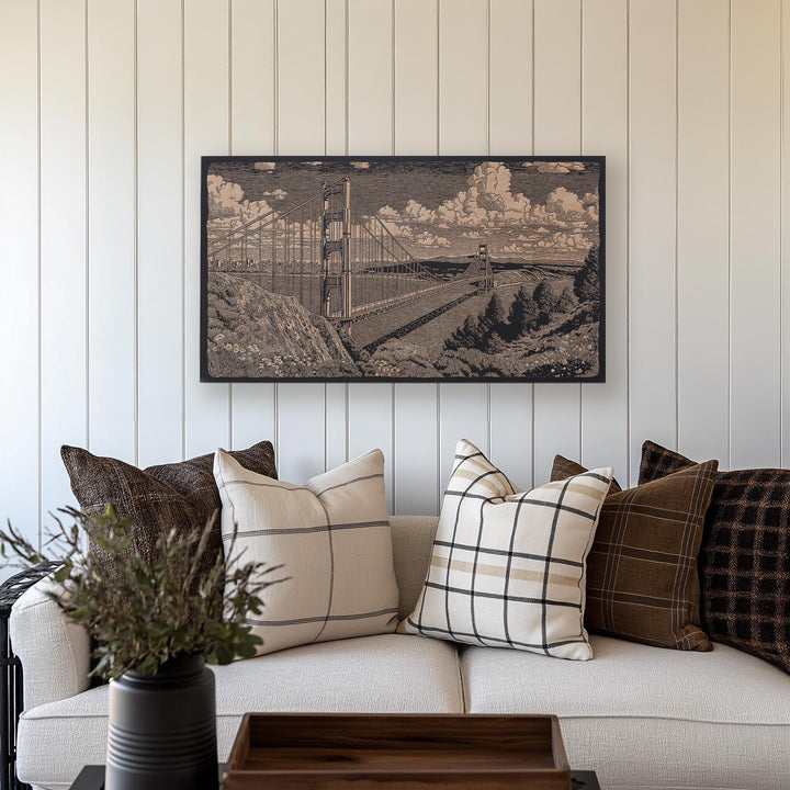 California Golden Gate Bridge Engraved Illustration