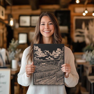 California Wine Country Vineyard Scene Engraved Illustration
