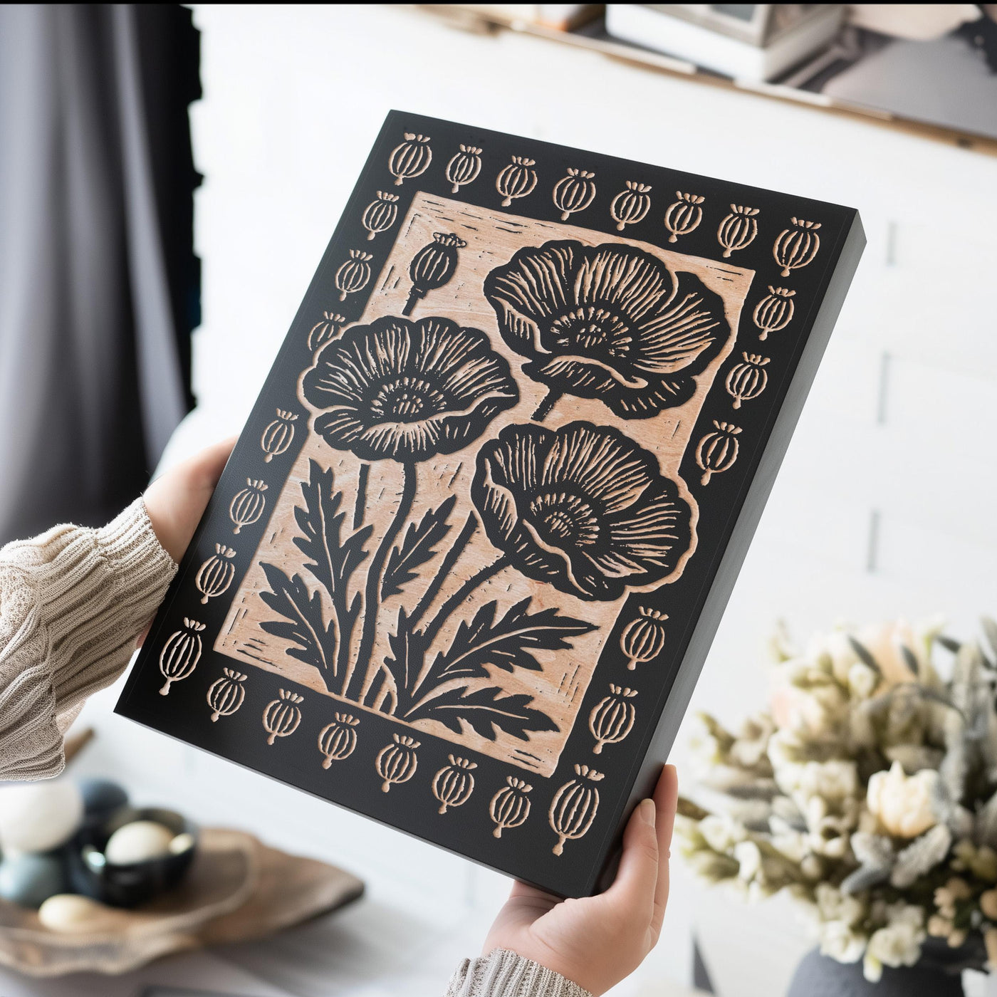 Poppy Flowers Engraved Birch Illustration