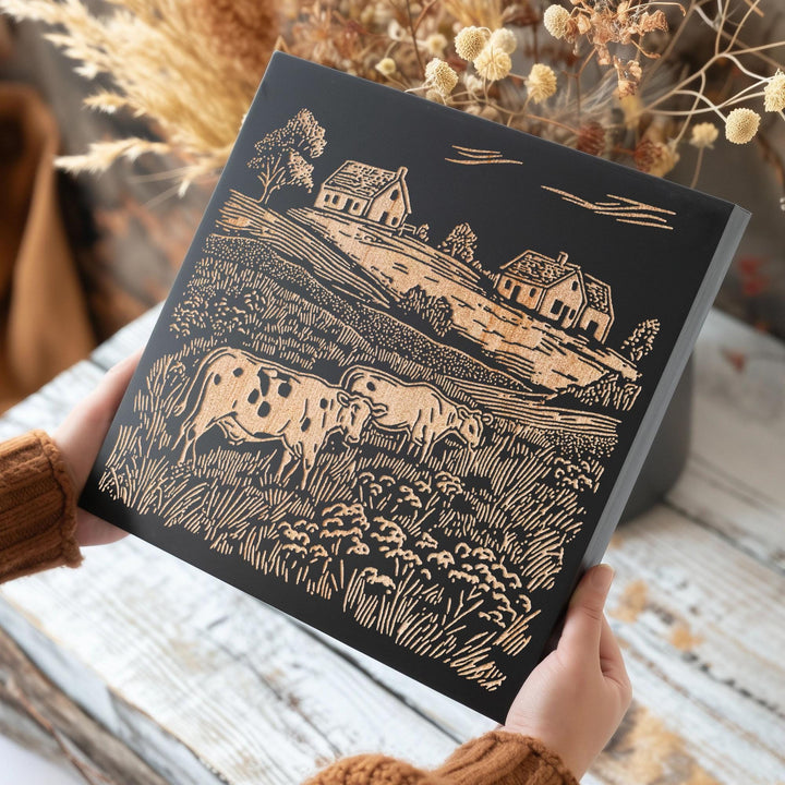Cows on a Farm Engraved Illustration
