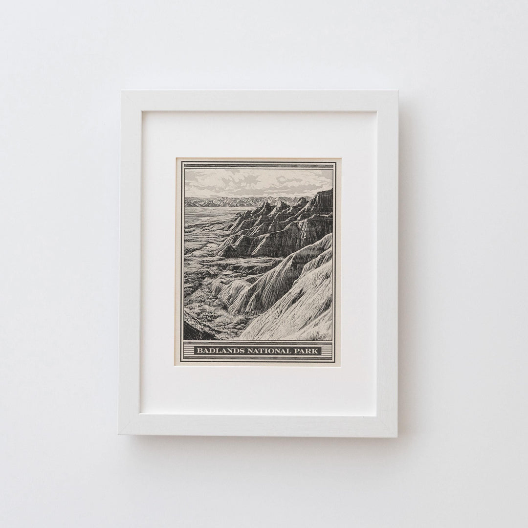 Badlands National Park Lithograph Style Print - Vintage South Dakota archival matte fine art print. Castle Trail Art. Western Desert Gift