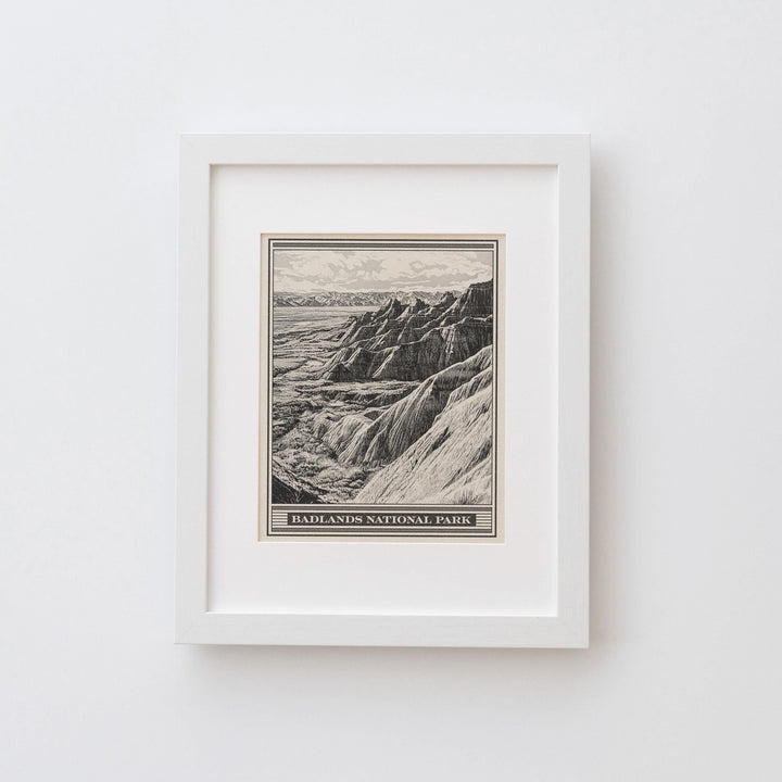 Badlands National Park Lithograph Style Print - Vintage South Dakota archival matte fine art print. Castle Trail Art. Western Desert Gift