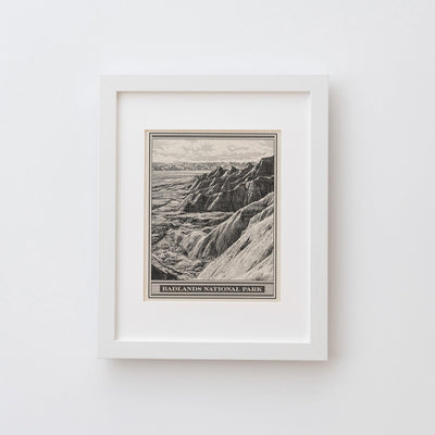 Badlands National Park Lithograph Style Print - Vintage South Dakota archival matte fine art print. Castle Trail Art. Western Desert Gift