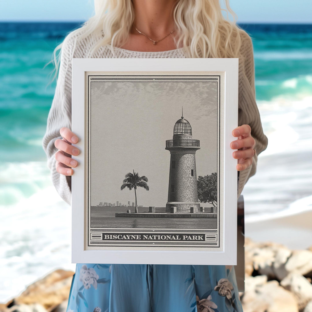 Biscayne National Park Lithograph Style Print - Vintage Florida archival matte fine art print. Boca Chita Lighthouse. Maritime Travel Gift.