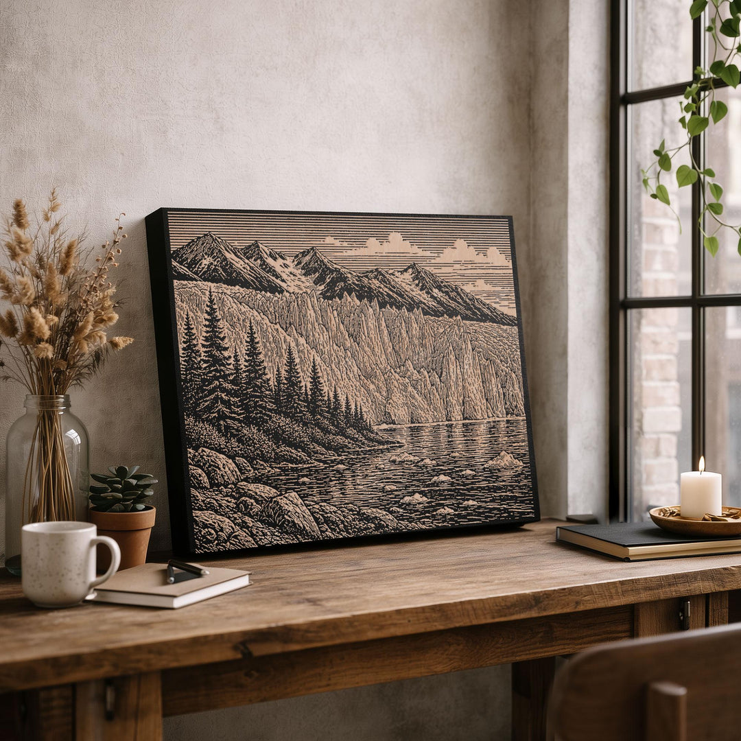 Glacier and Spruce Shore Engraved Birch Art Panel