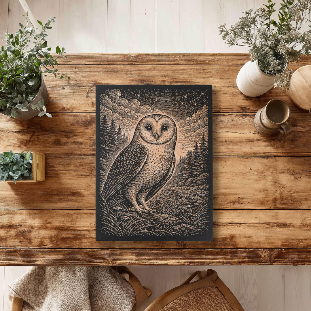 Barn Owl in Starry Night Engraved Birch Art Panel