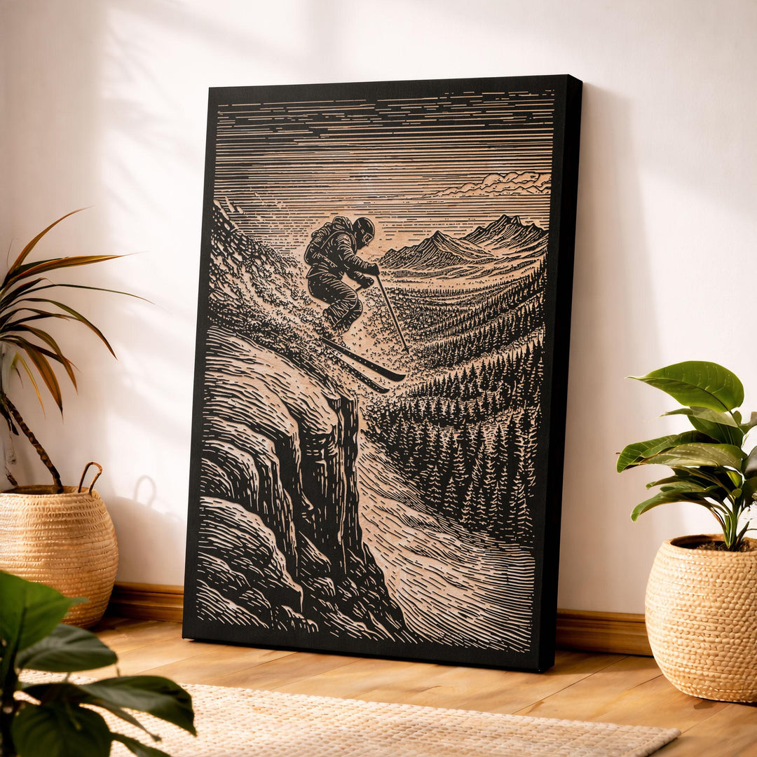 Backcountry Cliff Skiing Engraved Illustration