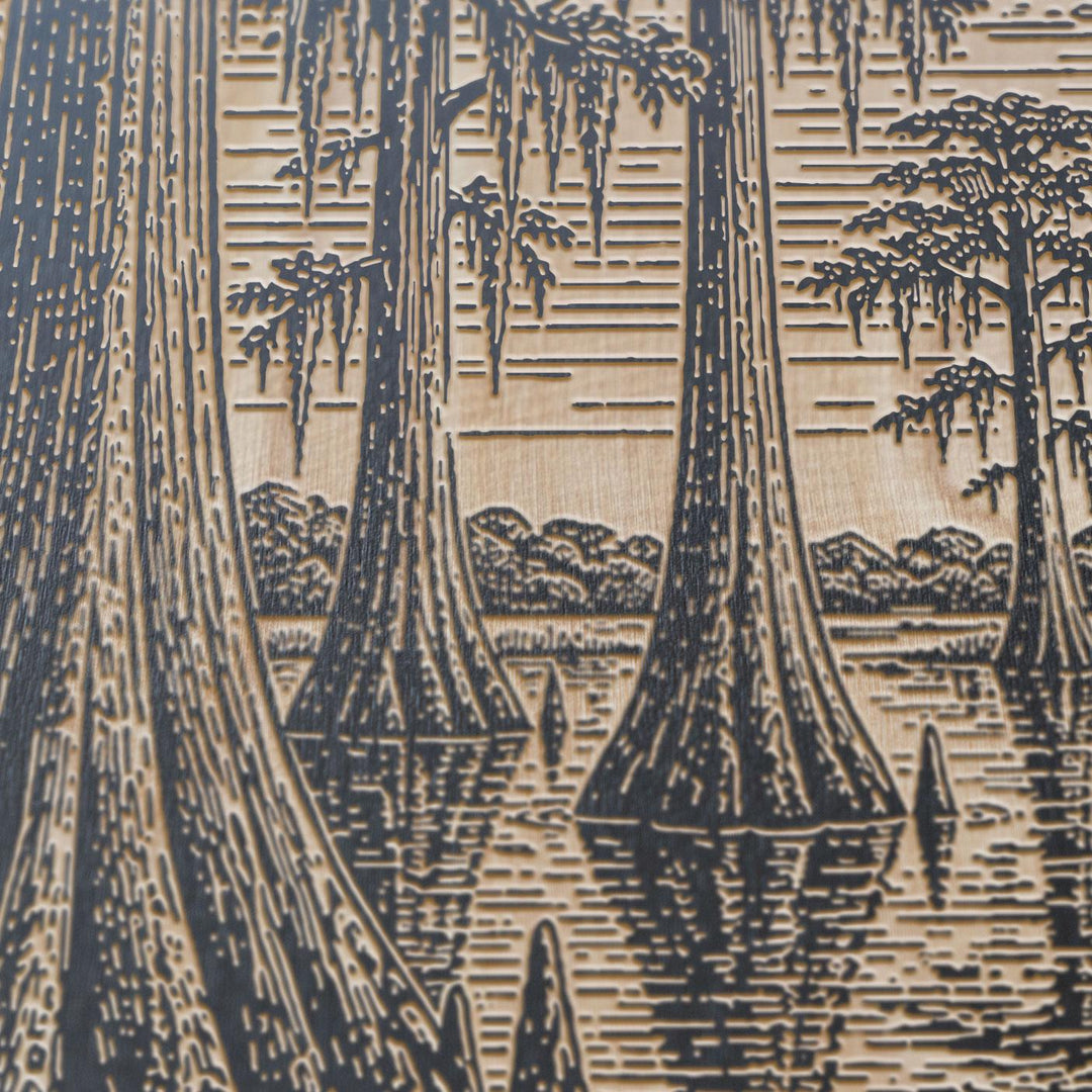 Bald Cypress Swamp Reflection Engraved Birch Art Panel