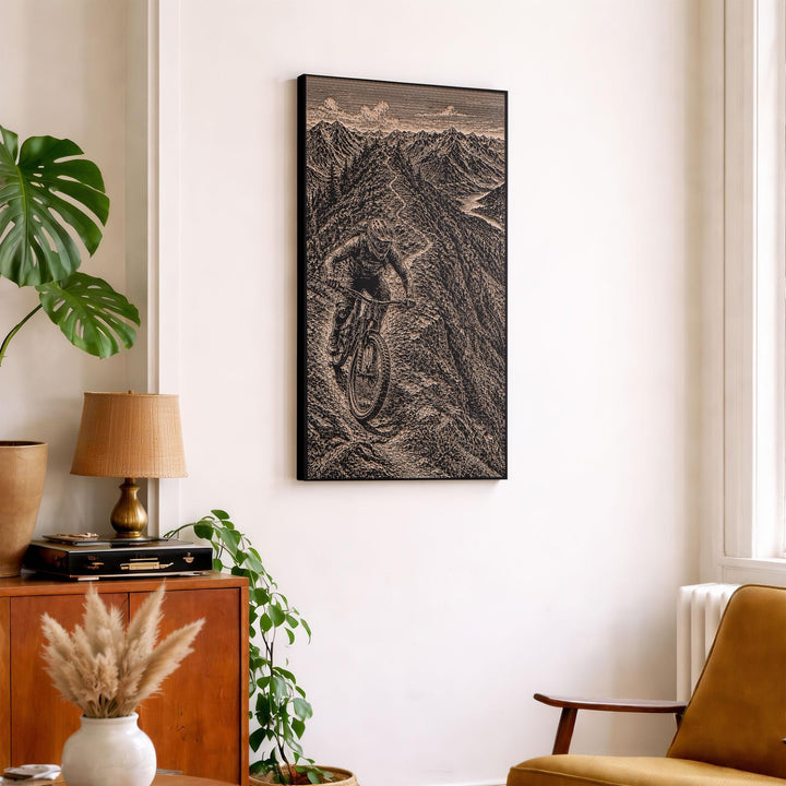 Mountain Biker on Ridgeline Engraved Illustration