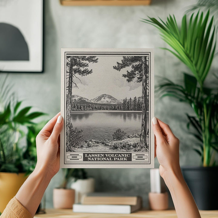 Lassen Volcanic National Park Lithograph Style Print - Vintage California archival matte fine art print. Lake Helen Shasta Cascade Gift