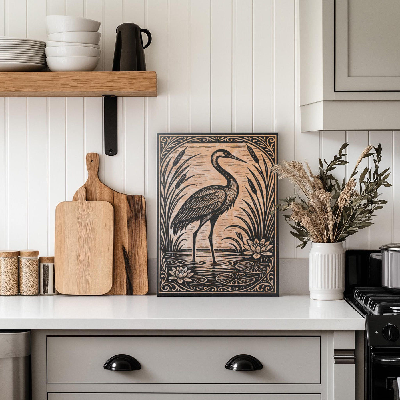 Crane In the Lily Pond Engraved Birch Illustration