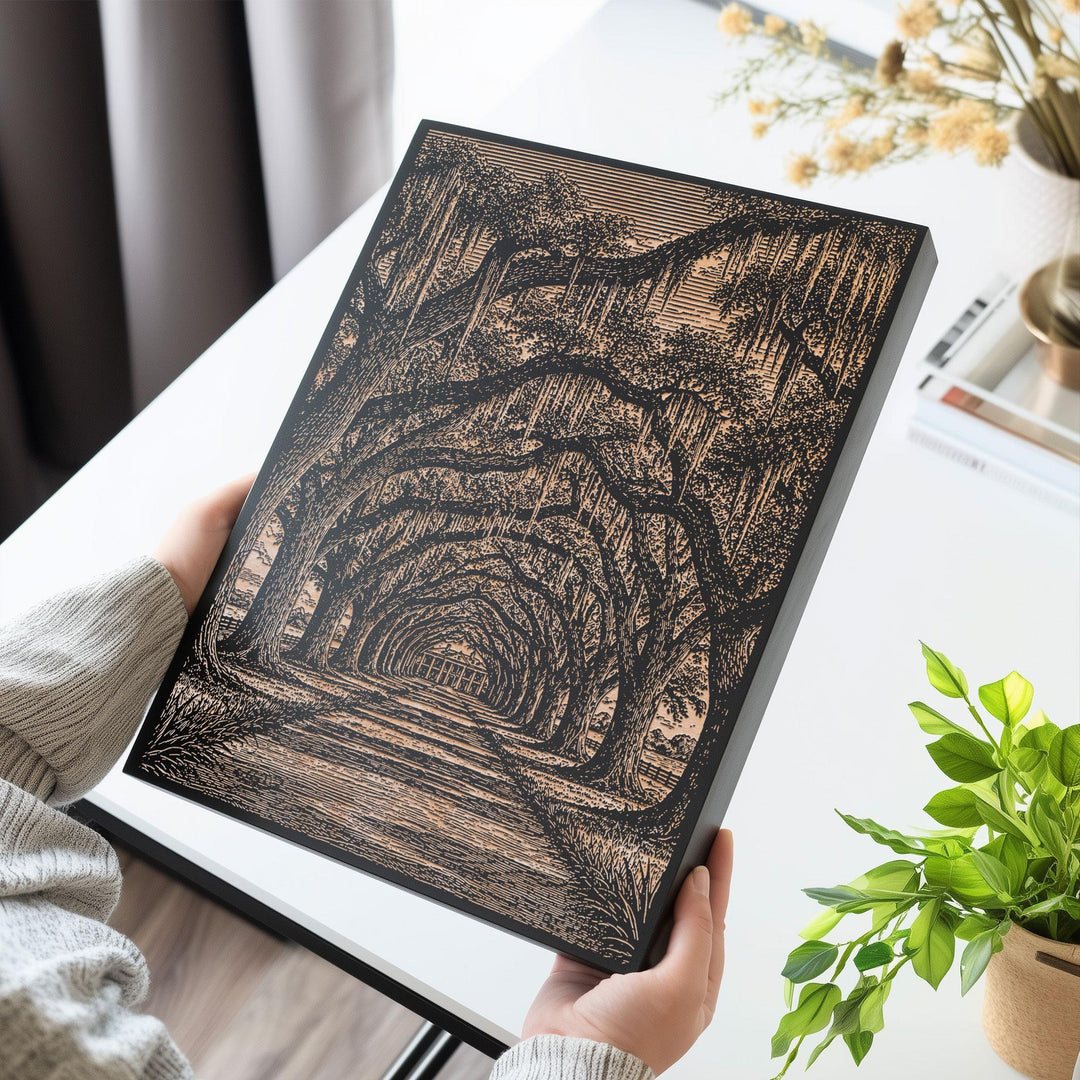 Live Oak Alley with Spanish Moss Engraved Birch Art Panel
