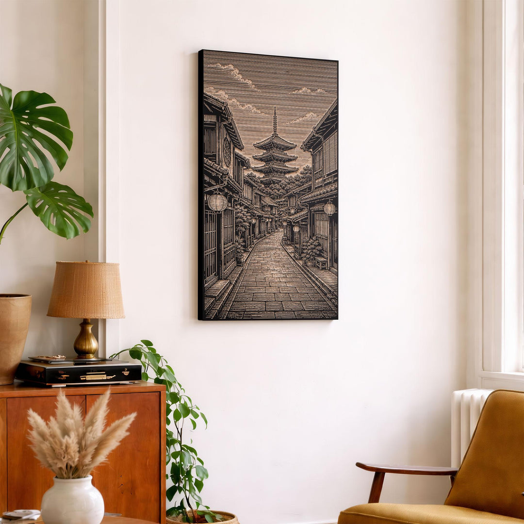 Kyoto Gion Street with Yasaka Pagoda Engraved Birch Art Panel