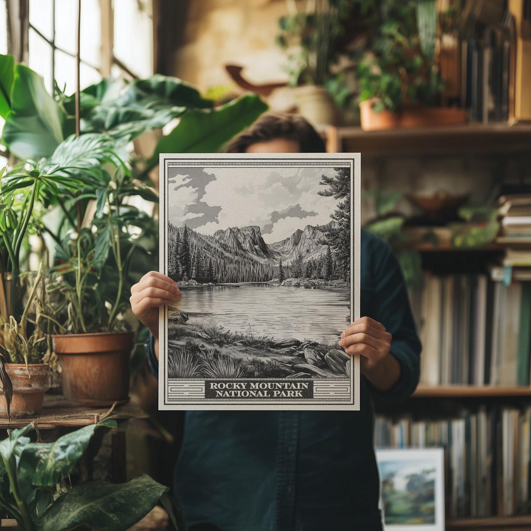 Rocky Mountain National Park Emerald Lake Lithograph Style Print - Vintage Colorado poster design, archival matte fine art print Nature gift