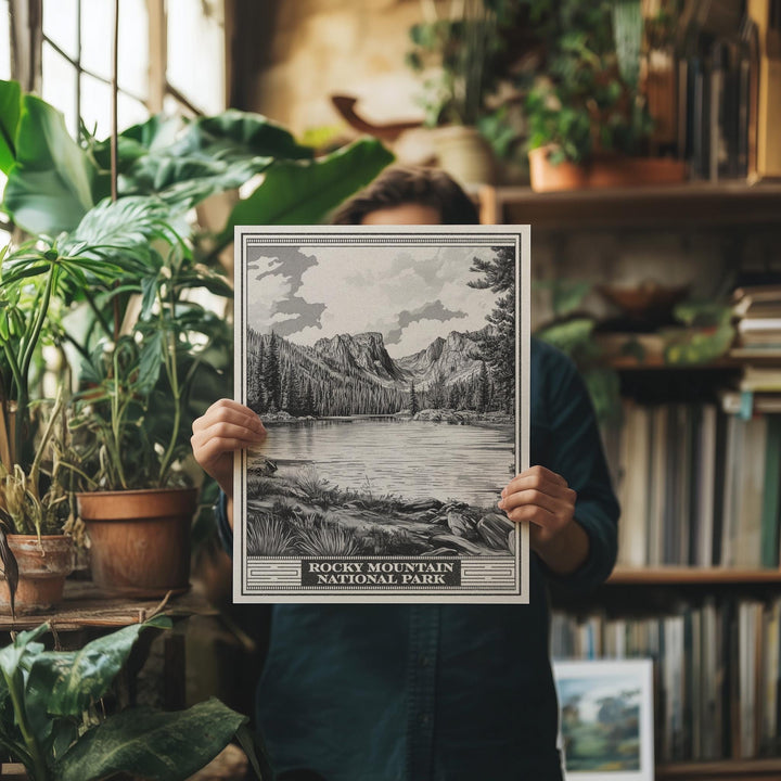Rocky Mountain National Park Emerald Lake Lithograph Style Print - Vintage Colorado poster design, archival matte fine art print Nature gift