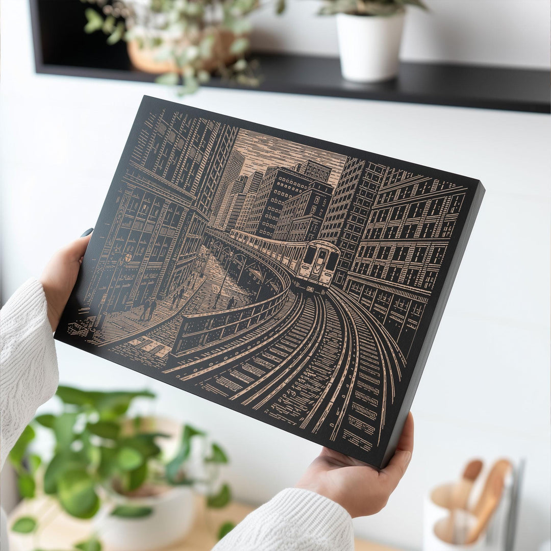 Chicago Elevated Train Engraved Birch Art Panel