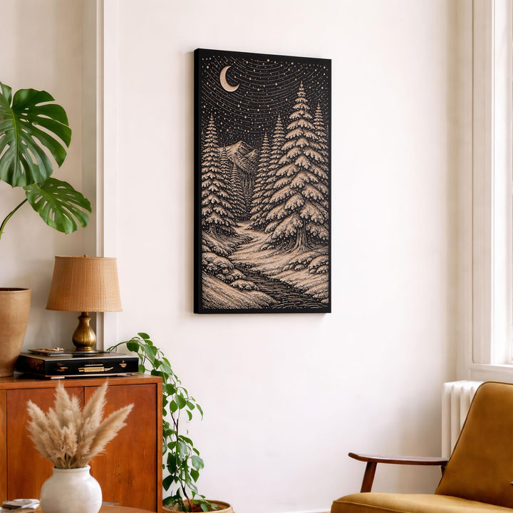 Winter Night in the Snowy Evergreen Forest Engraved Birch Art Panel