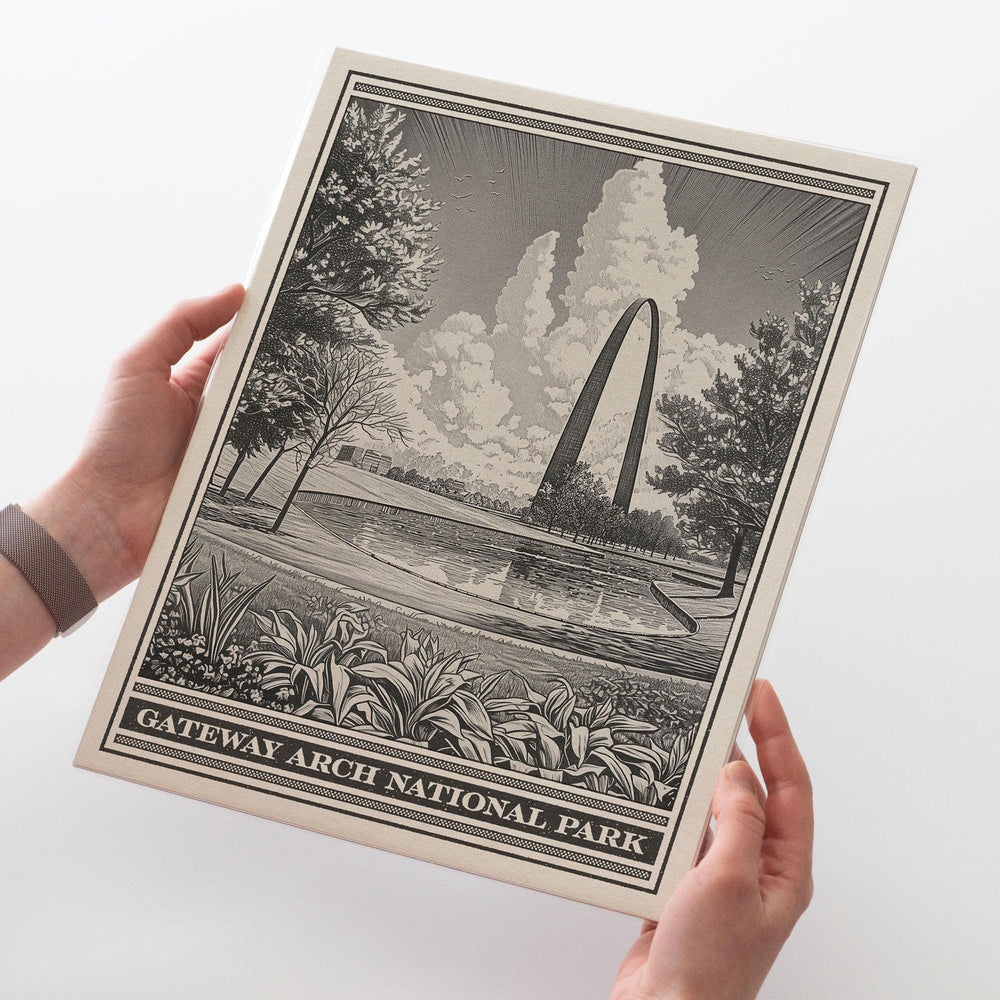 Gateway Arch National Park Lithograph Style Print - Vintage Missouri archival matte fine art print. Eero Saarinen St. Louis Monument Gift.