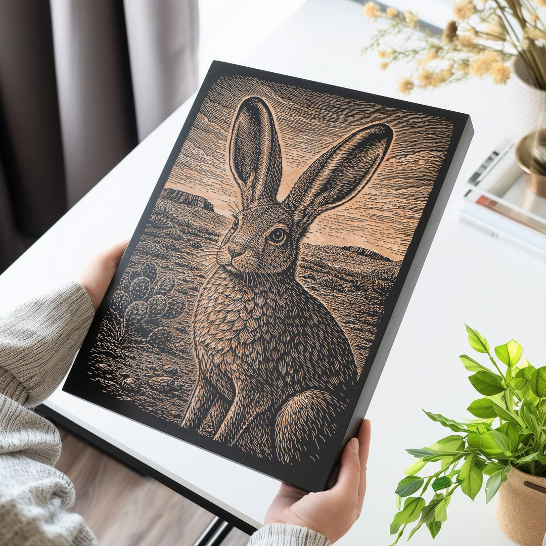 Jackrabbit in Desert Landscape Engraved Birch Art Panel