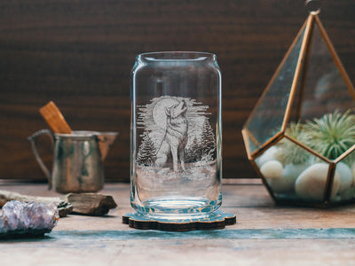 Wolf Scene Glasses | Wildlife Themed Personalized Whiskey, Wine & Beer Glassware, Full Moon Howling Wolf Drinkware, Forest Animal Gift