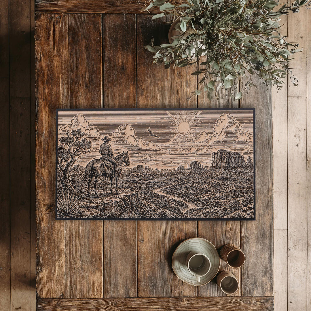 Lone Cowboy Above the Canyon Valley Engraved Illustration