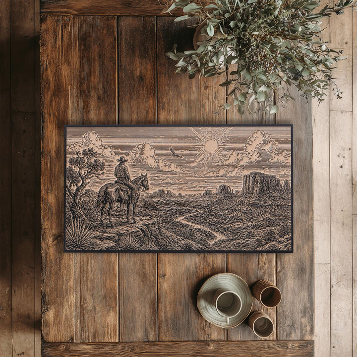 Lone Cowboy Above the Canyon Valley Engraved Illustration