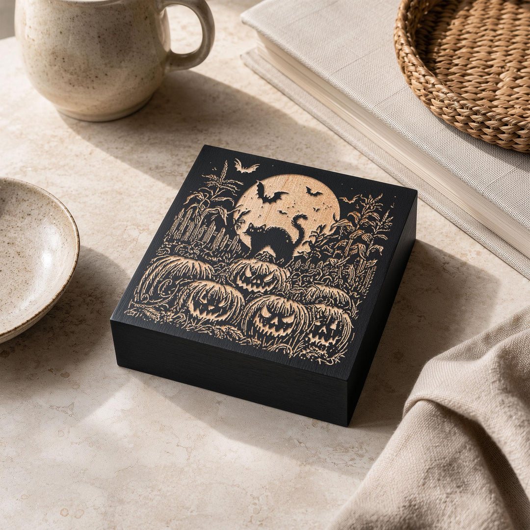 Black Cat Pumpkin Patch Engraved Birch Wood Panel