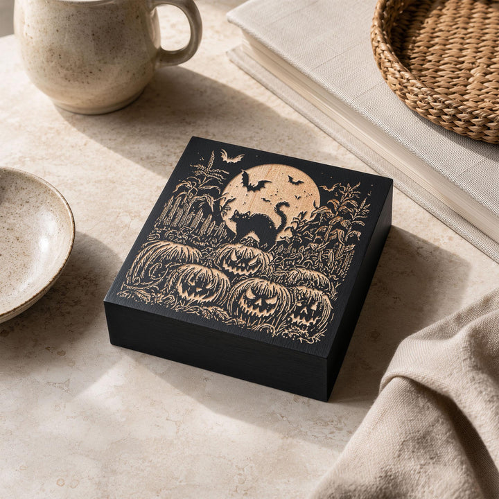 Black Cat Pumpkin Patch Engraved Birch Wood Panel