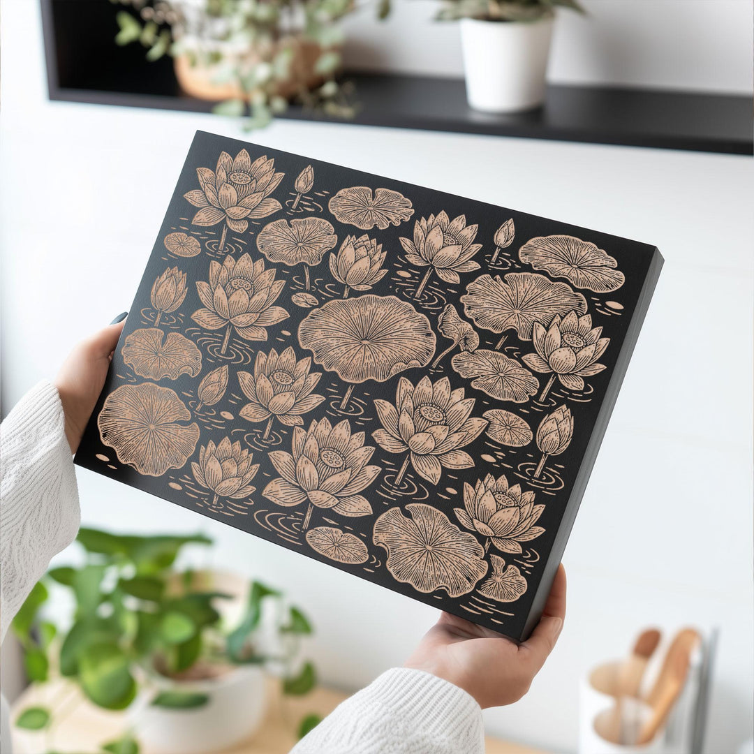 Lotus and Lily Pads Engraved Birch Art Panel