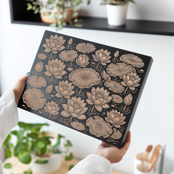 Lotus and Lily Pads Engraved Birch Art Panel