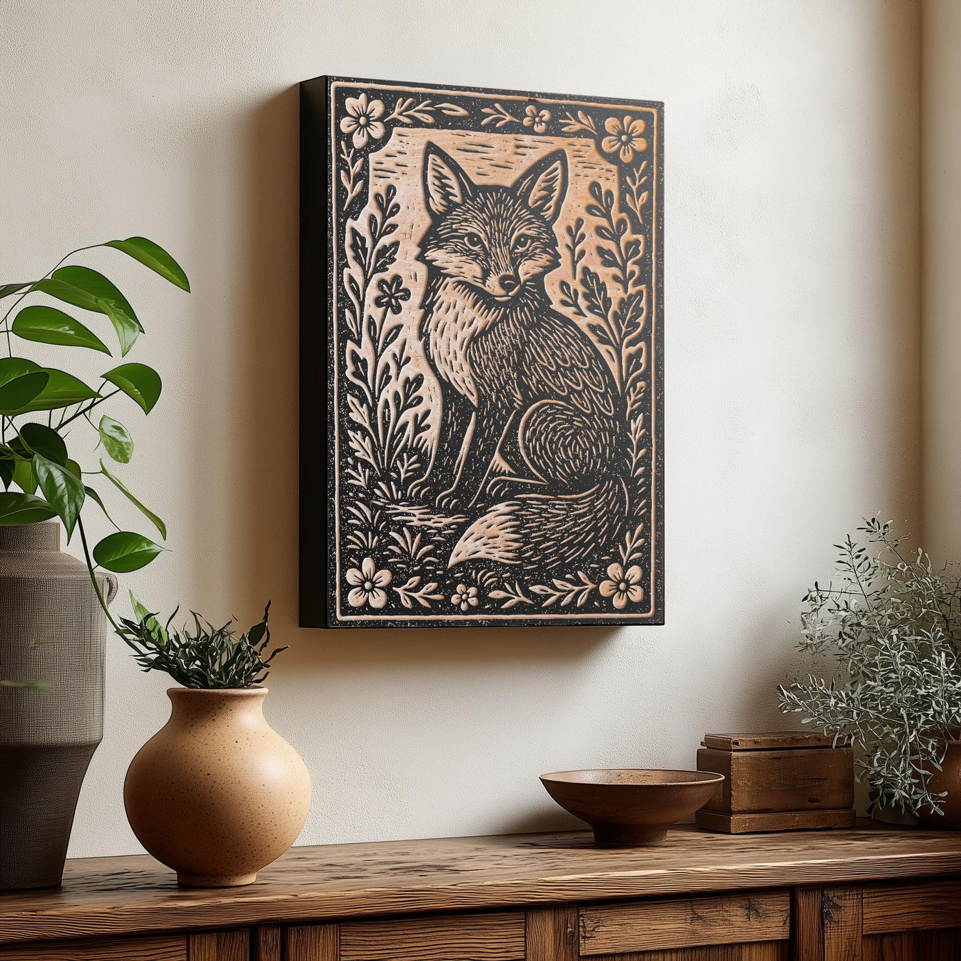 Fox in Wildflowers Engraved Birch Illustration