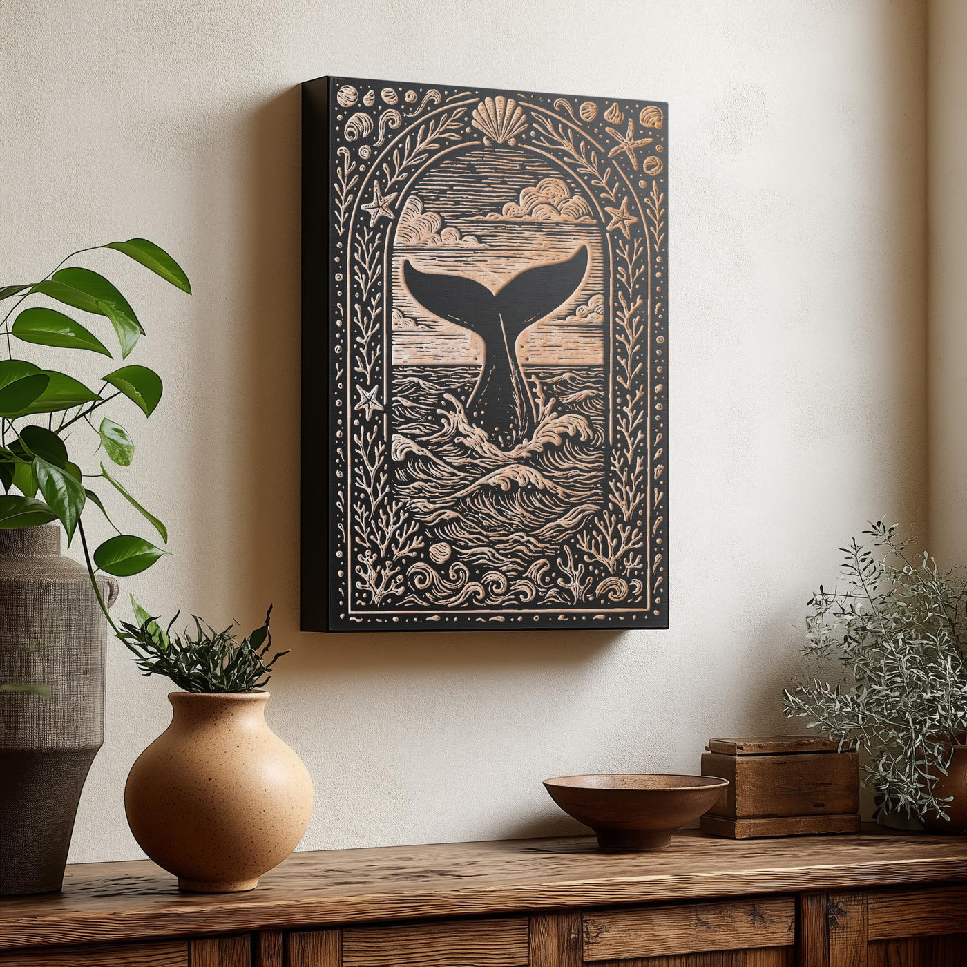 Whale Tail Engraved Birch Illustration