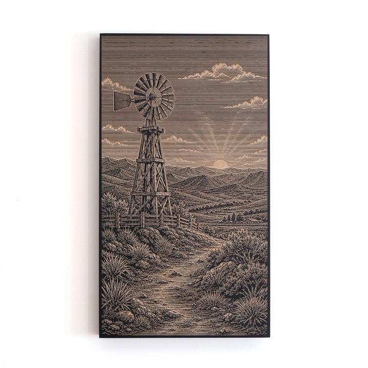 Desert Windmill at Sunset Engraved Birch Art Panel