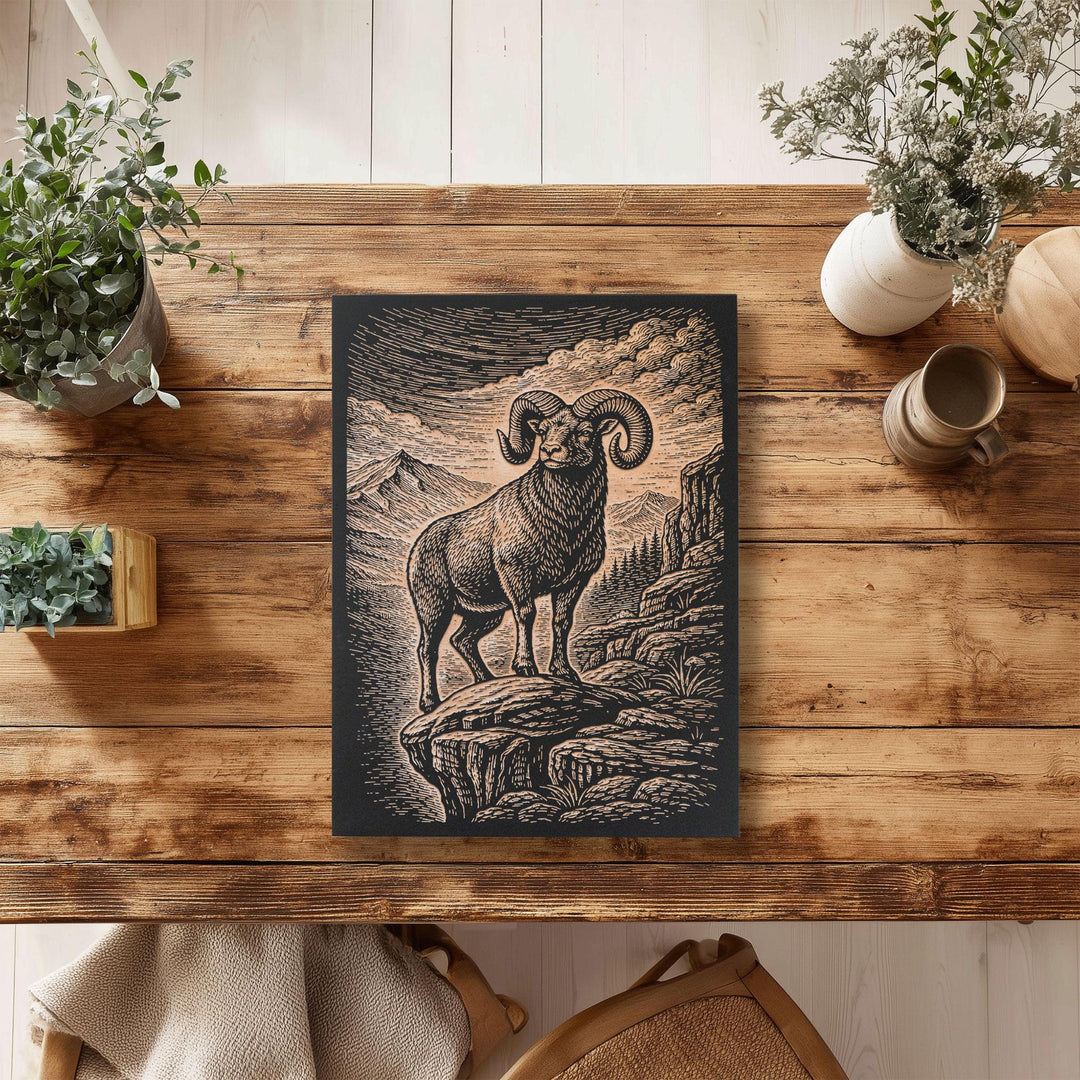 Bighorn Ram on Rocky Ledge Engraved Birch Art Panel