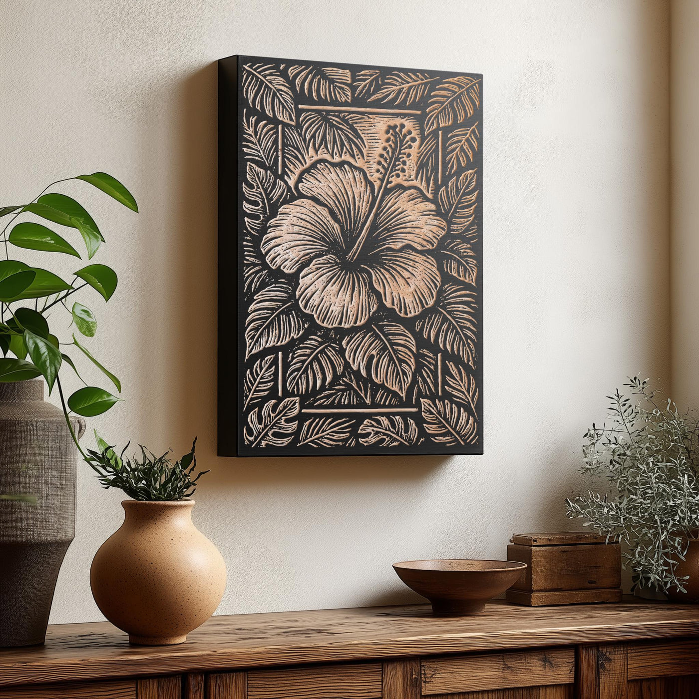 Hibiscus Flower Engraved Birch Illustration