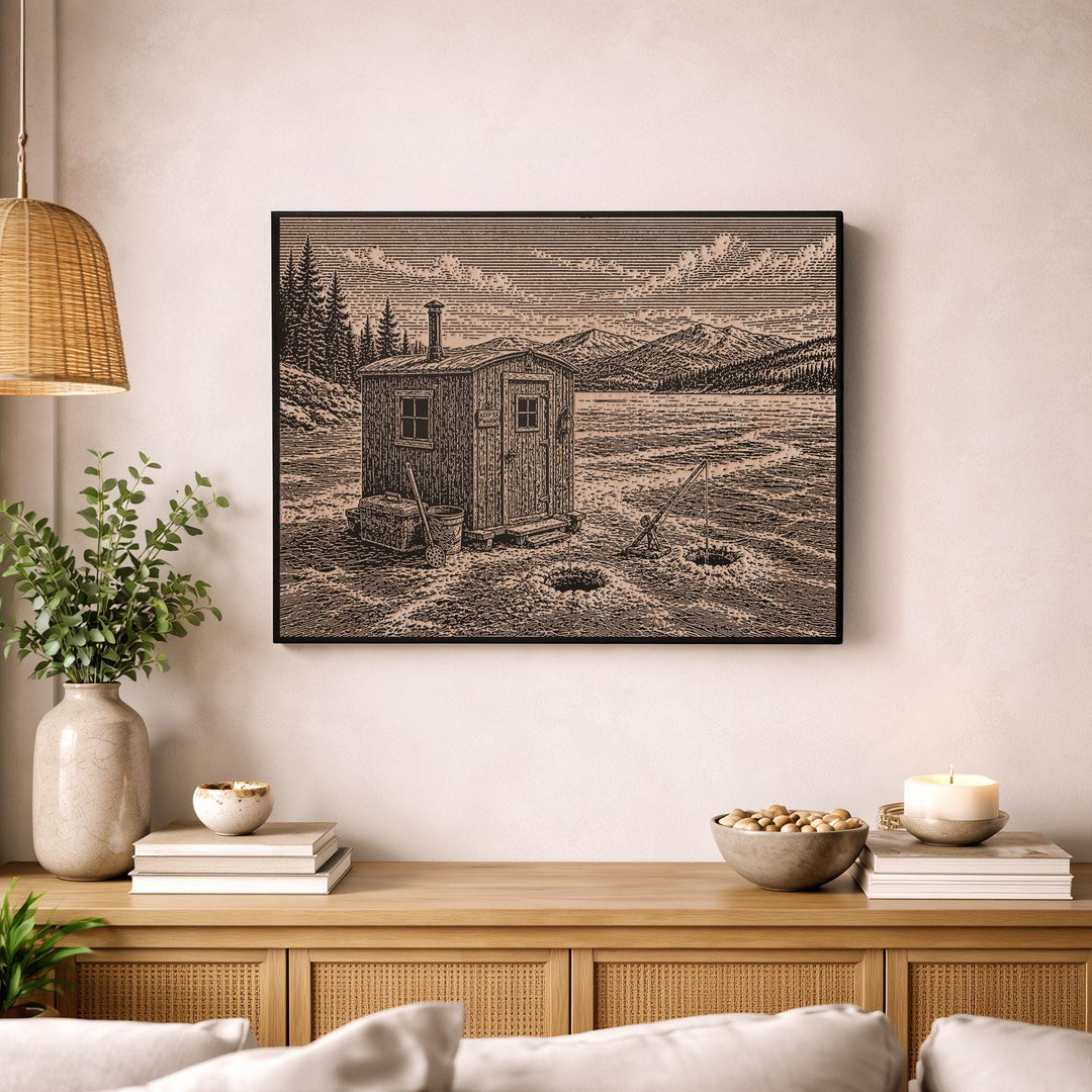 Ice Fishing on a Snowy Lake Engraved Illustration