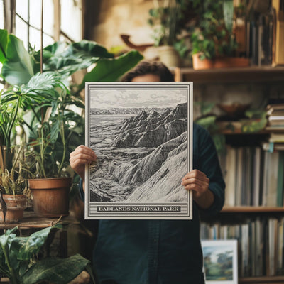 Badlands National Park Lithograph Style Print - Vintage South Dakota archival matte fine art print. Castle Trail Art. Western Desert Gift
