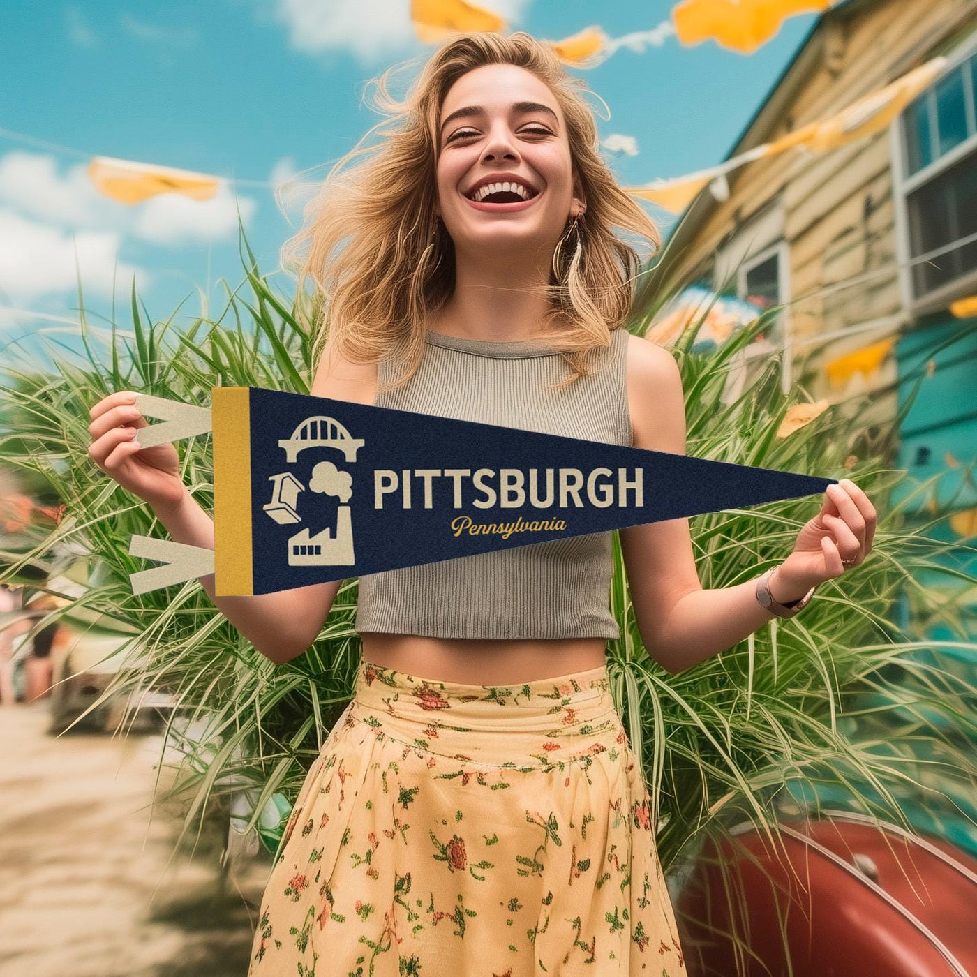 Pittsburgh Felt Pennant – Vintage City Banner With Bridge Design & Steel City Wall Art