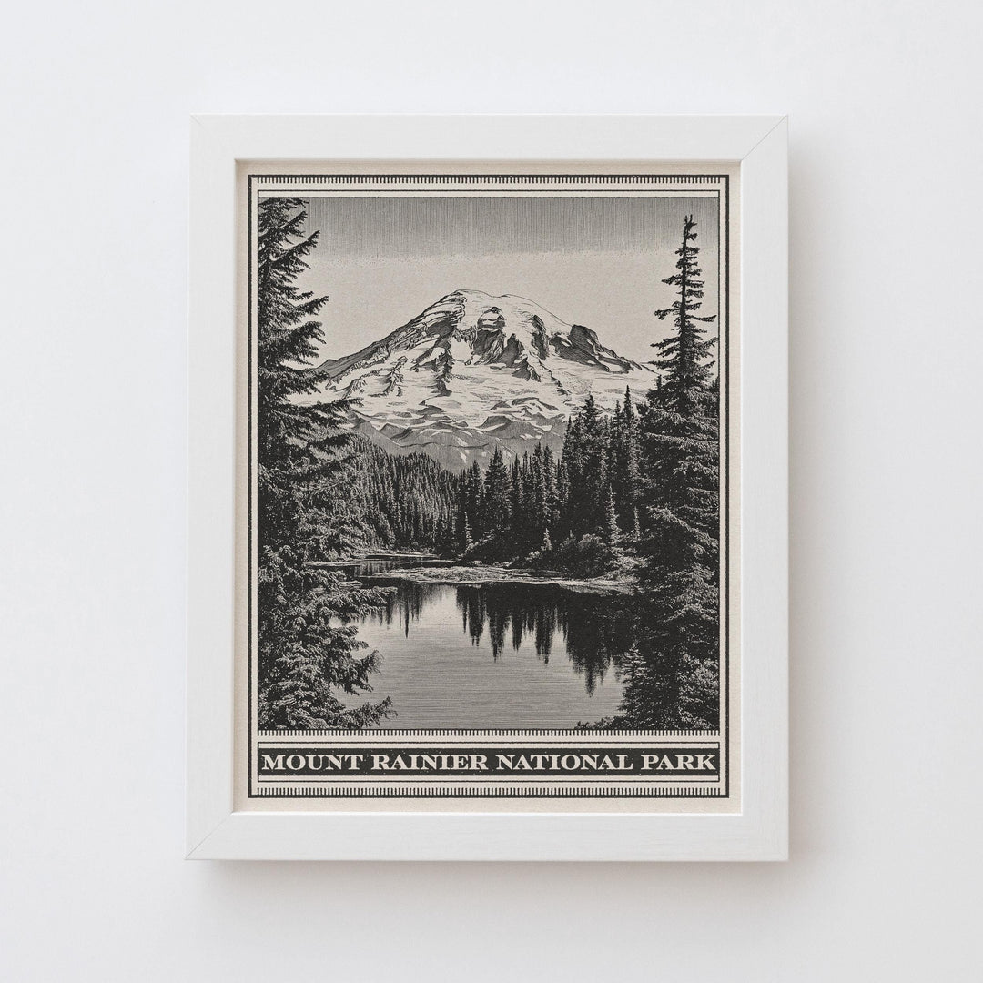 Mount Rainier National Park Lithograph Style Print - Vintage Washington archival matte fine art print. Cascade Range Reflection Lake Gift.