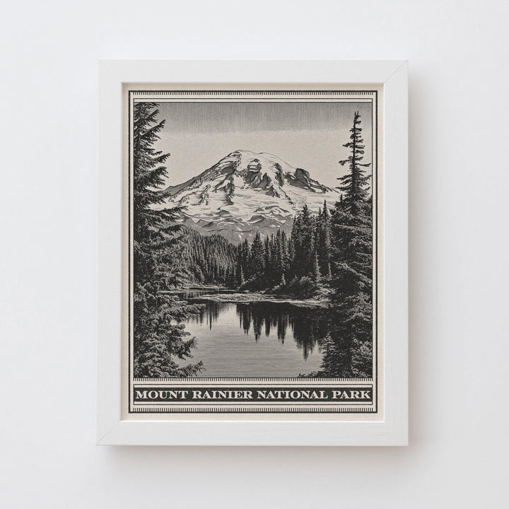 Mount Rainier National Park Lithograph Style Print - Vintage Washington archival matte fine art print. Cascade Range Reflection Lake Gift.